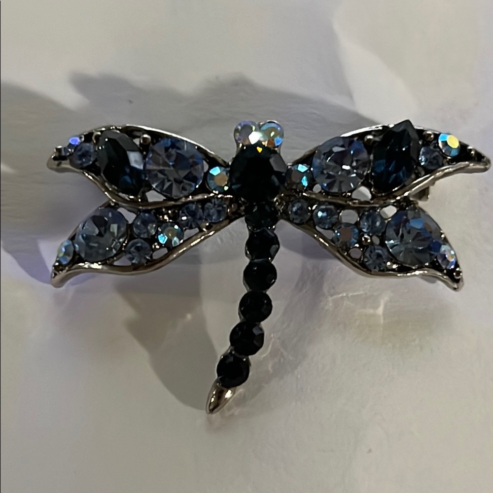 Elegant Silver Tone with Blue Rhinestones Dragonfly Brooch